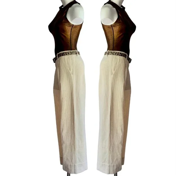 Bloomingdales pleated wide leg pinstripe cream linen pants trousers - size 6